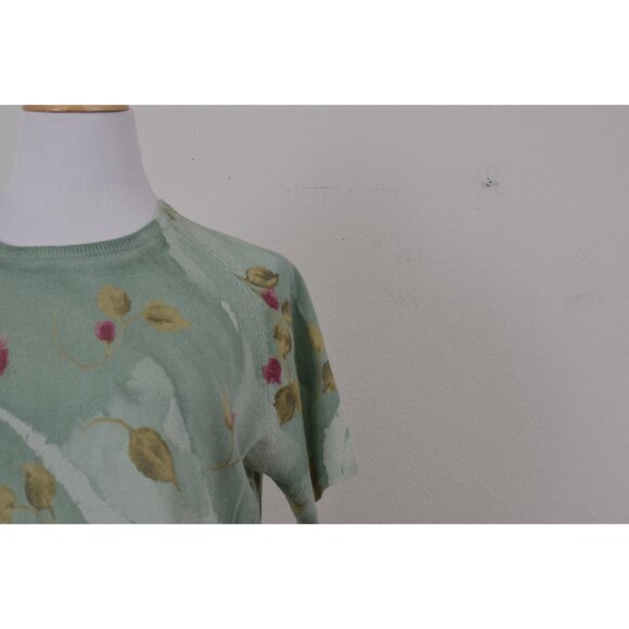 Vintage 90s ramie/acrylic Green Floral Knit‎ Top size M - Picture 5 of 10